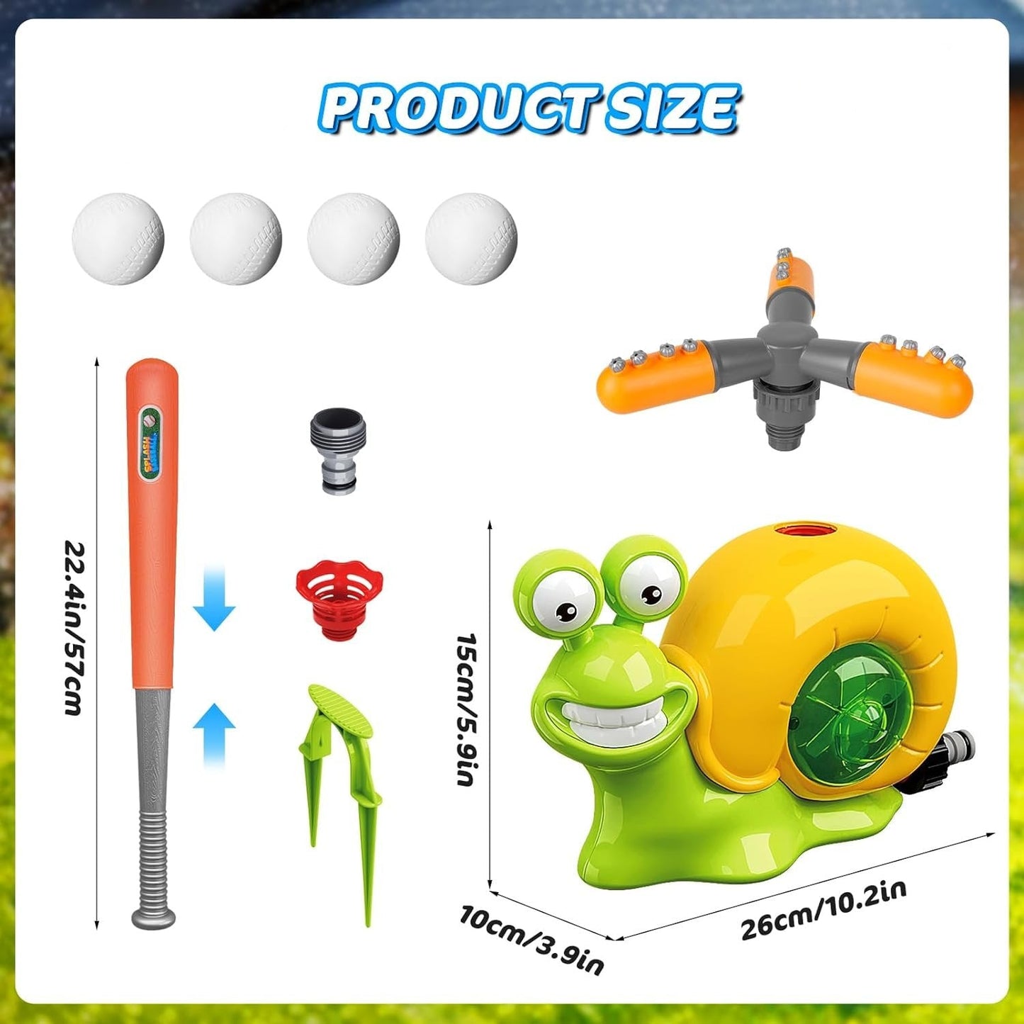 2-in-1 Water Sprinkler - Baseball Toy for Kids, 360° Rotating Spray