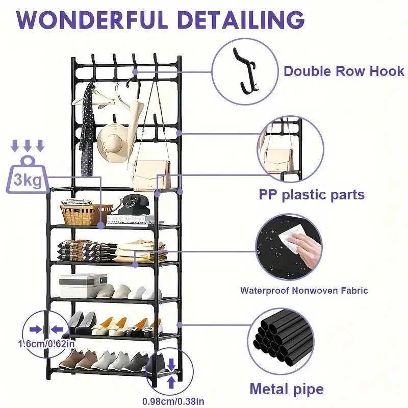 Free Standing Coat Rack With 4-Layer Of Storage Shelves