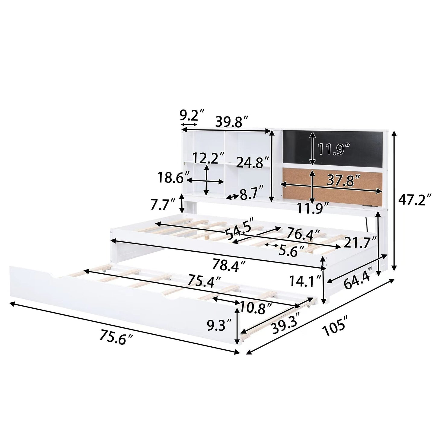 Full Size Daybed with Storage Shelves, Blackboard, Cork Board, USB Ports, and Twin Size Trundle
