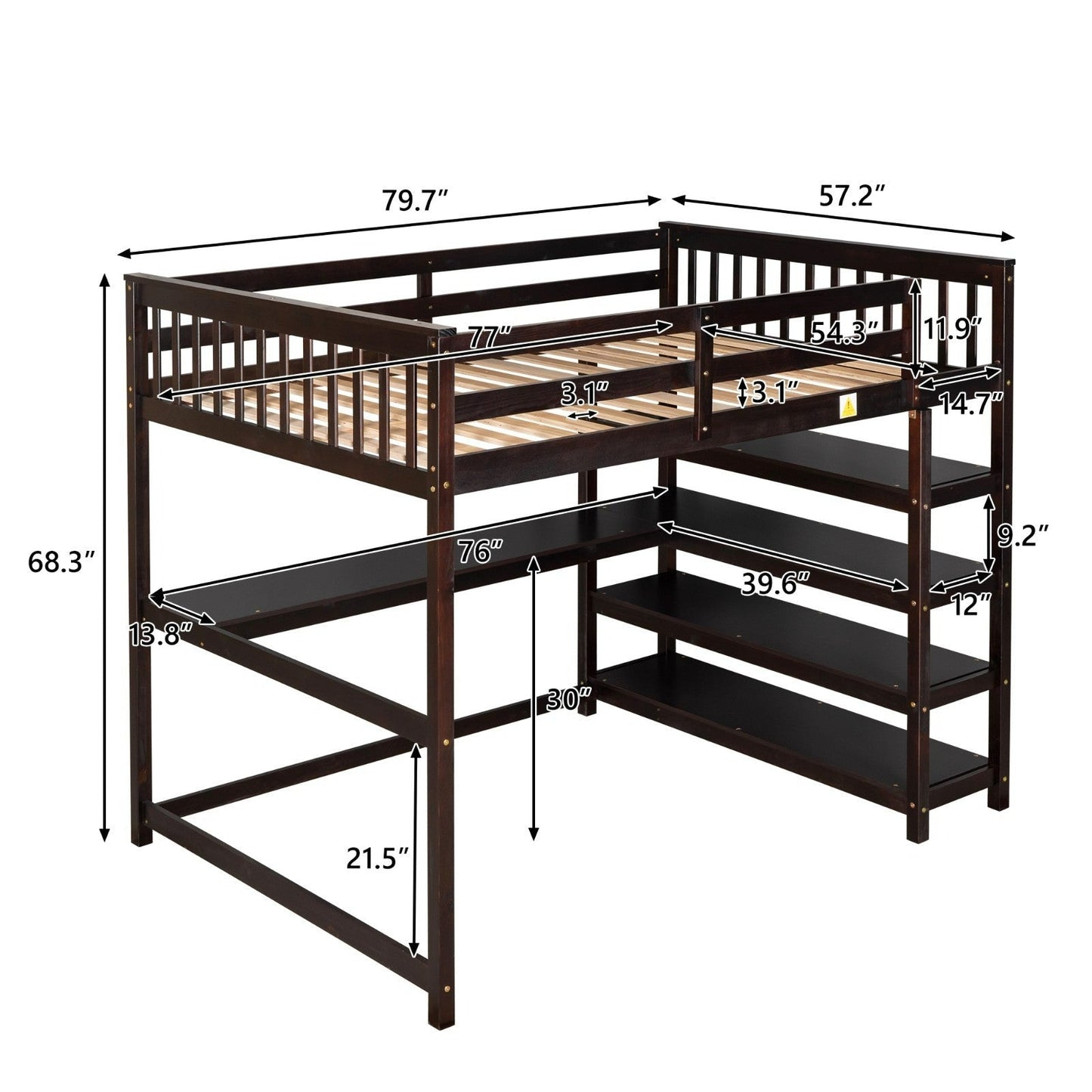 Full Size Loft Bed with Storage Shelves and Under-bed Desk