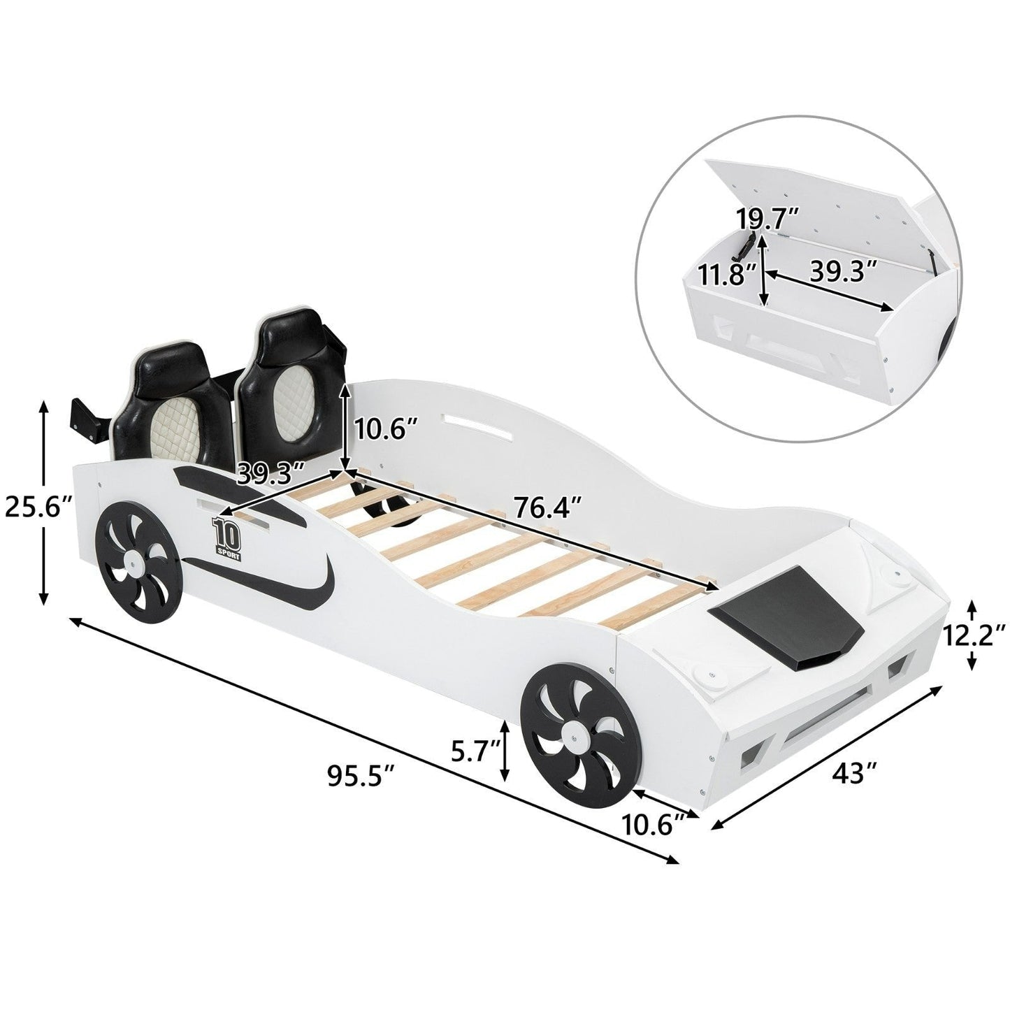 Race Car-Shaped Twin Size Platform Bed with Upholstered Backrest and Storage