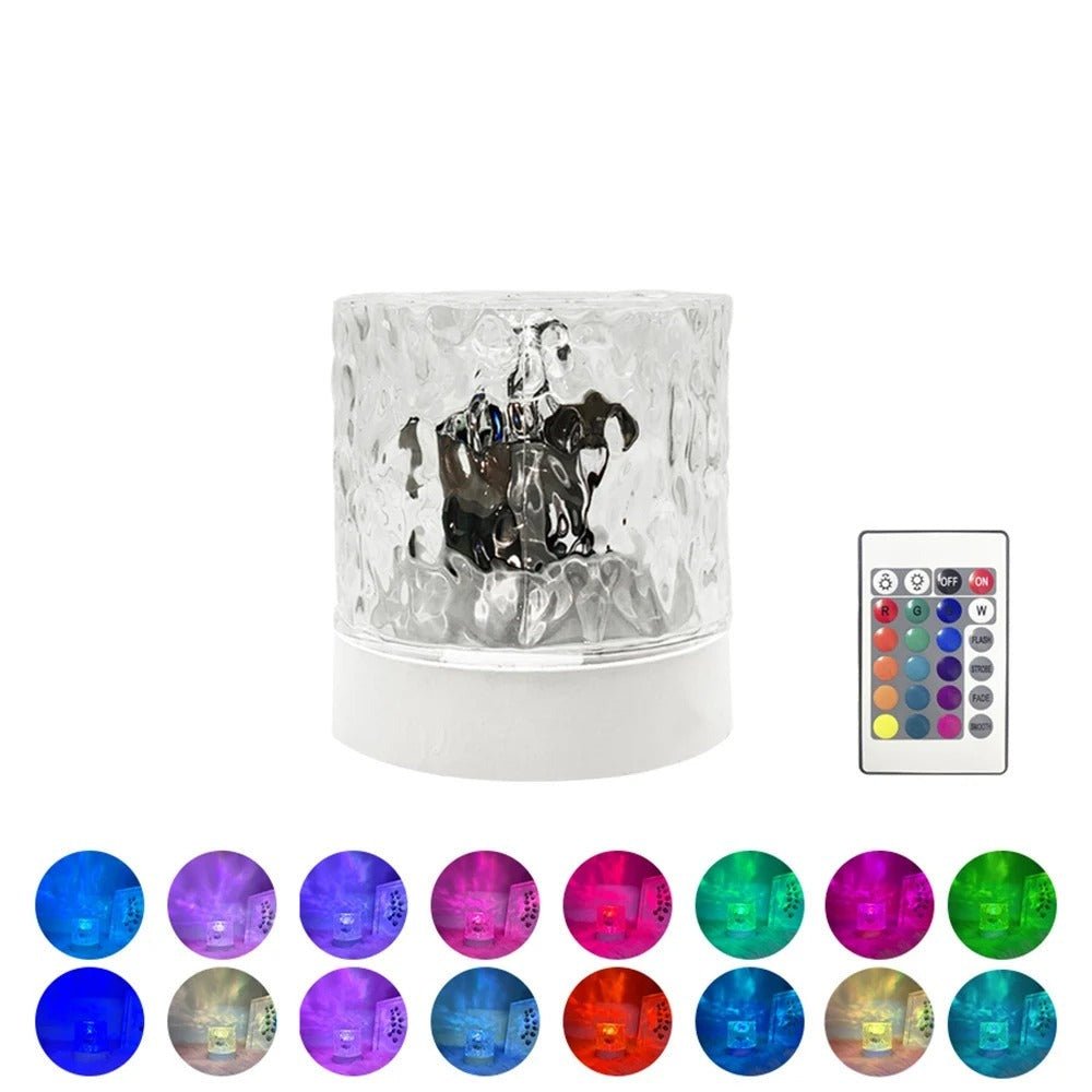 Water Ripple Cube Crystal Projector Lamp - 16 Colors Flame Crystal Lamp for Living Room, Study Room and Bedroom Rotating Light - Gear Elevation