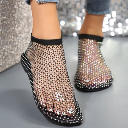 Hollow Flat Sandals With Rhinestone Design