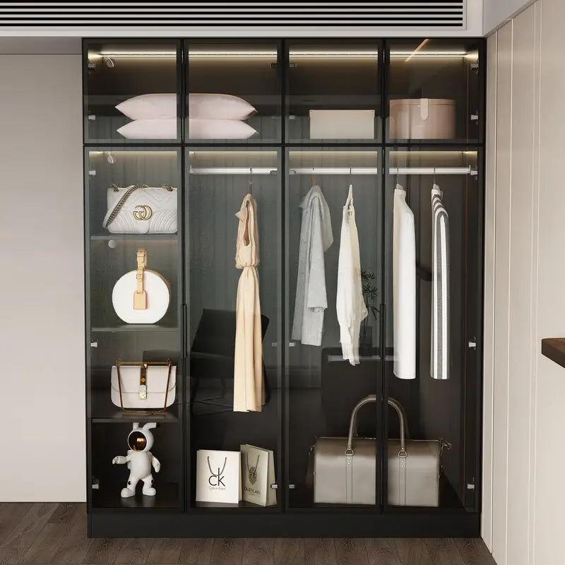 Wardrobe Closet Armoire with Glass Doors & 3 Colors Light