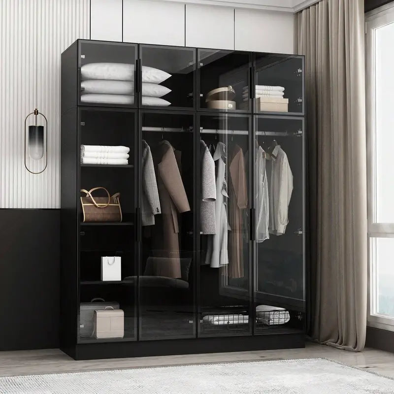 Wardrobe Closet Armoire with Glass Doors & 3 Colors Light