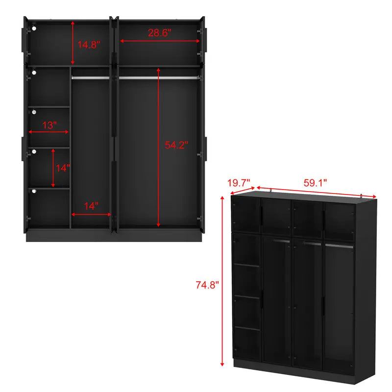 Wardrobe Closet Armoire with Glass Doors & 3 Colors Light