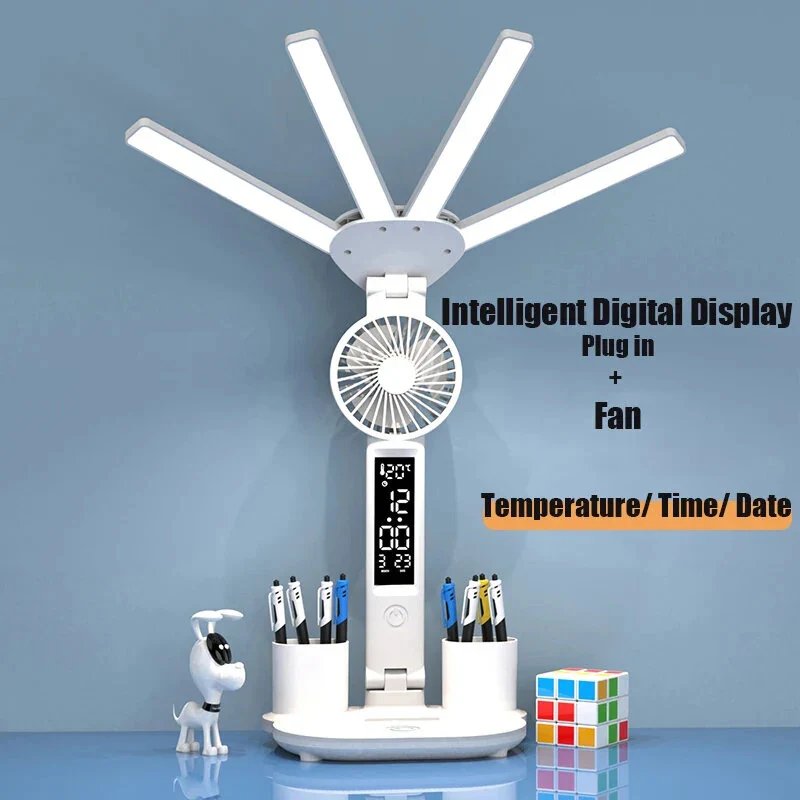 3 - in - 1 Multifunction LED Table Lamp - Four - Headed Folding Design with Fan, Calendar, Clock, USB Rechargeable Desk Light, and 3 - Color Reading Lamp - Gear Elevation