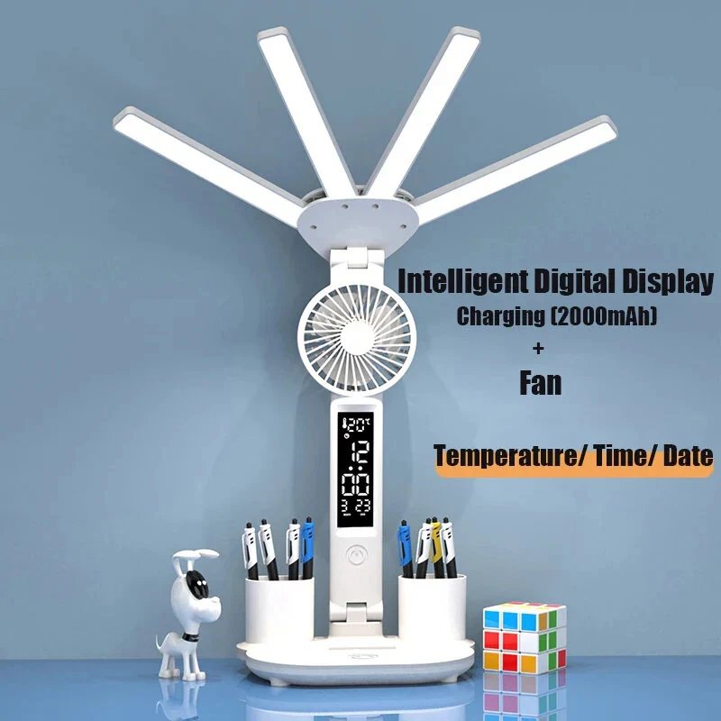 3 - in - 1 Multifunction LED Table Lamp - Four - Headed Folding Design with Fan, Calendar, Clock, USB Rechargeable Desk Light, and 3 - Color Reading Lamp - Gear Elevation