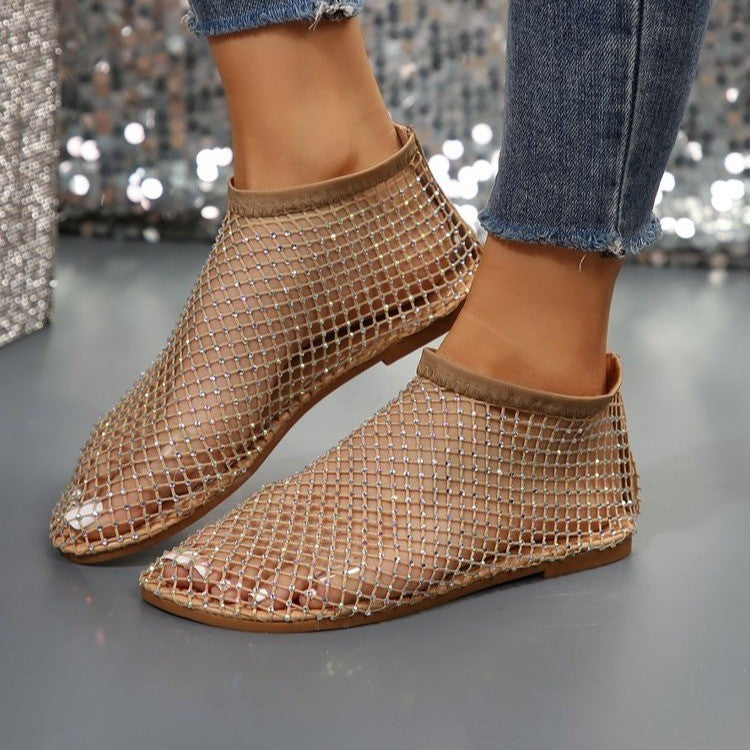 Hollow Flat Sandals With Rhinestone Design