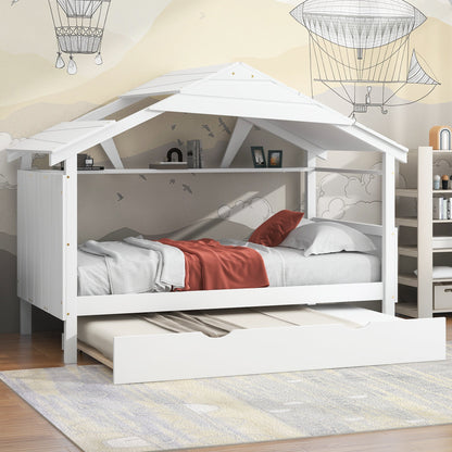 Twin Size Wood House Bed with Trundle and Storage