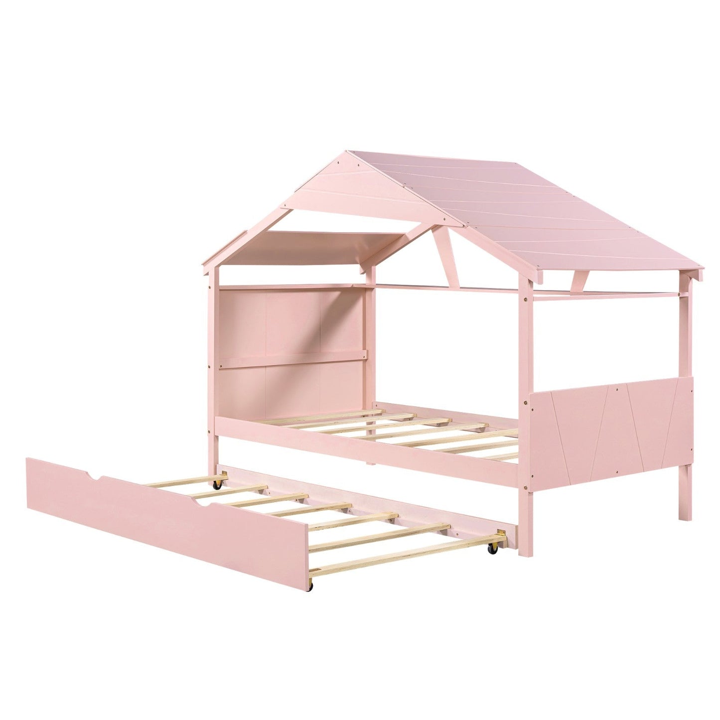 Twin Size Wood House Bed with Trundle and Storage