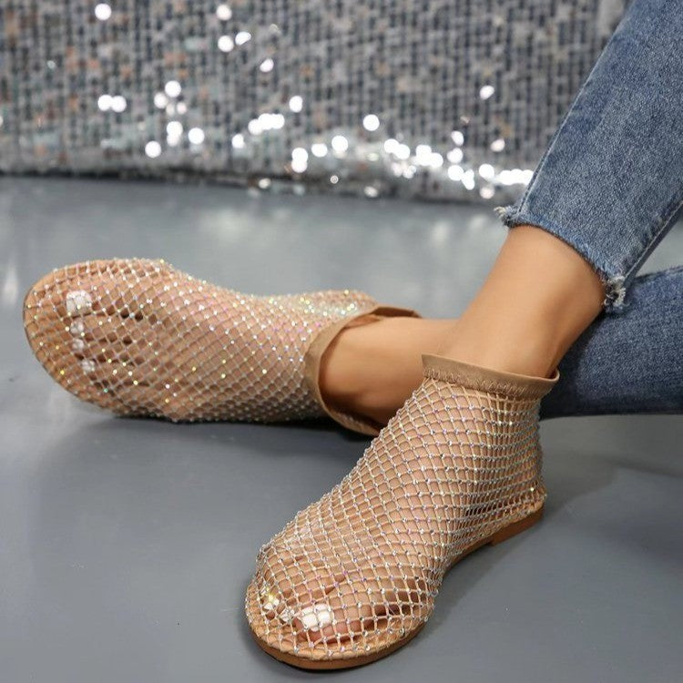 Hollow Flat Sandals With Rhinestone Design