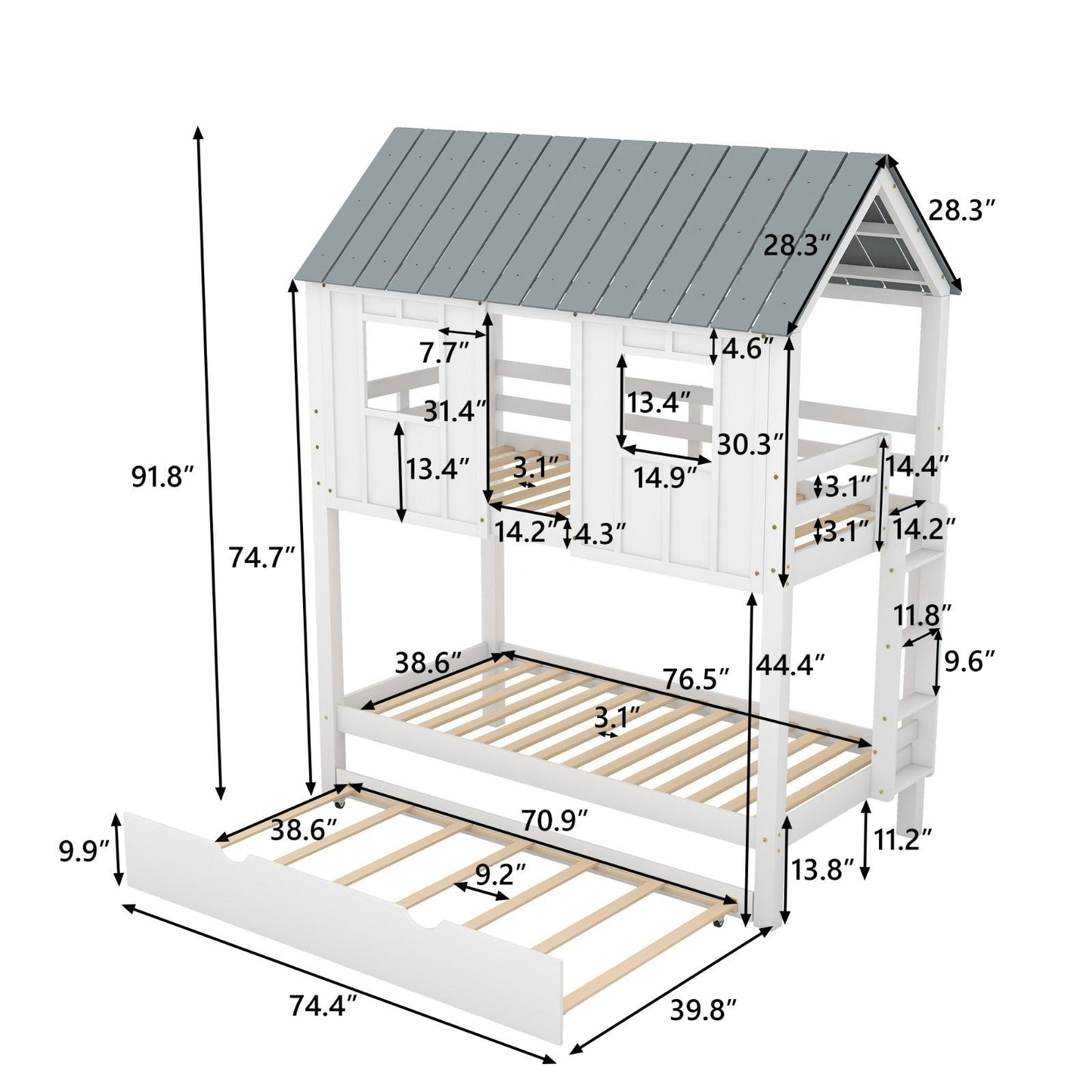 House Bunk Bed with Trundle, Roof, and Windows