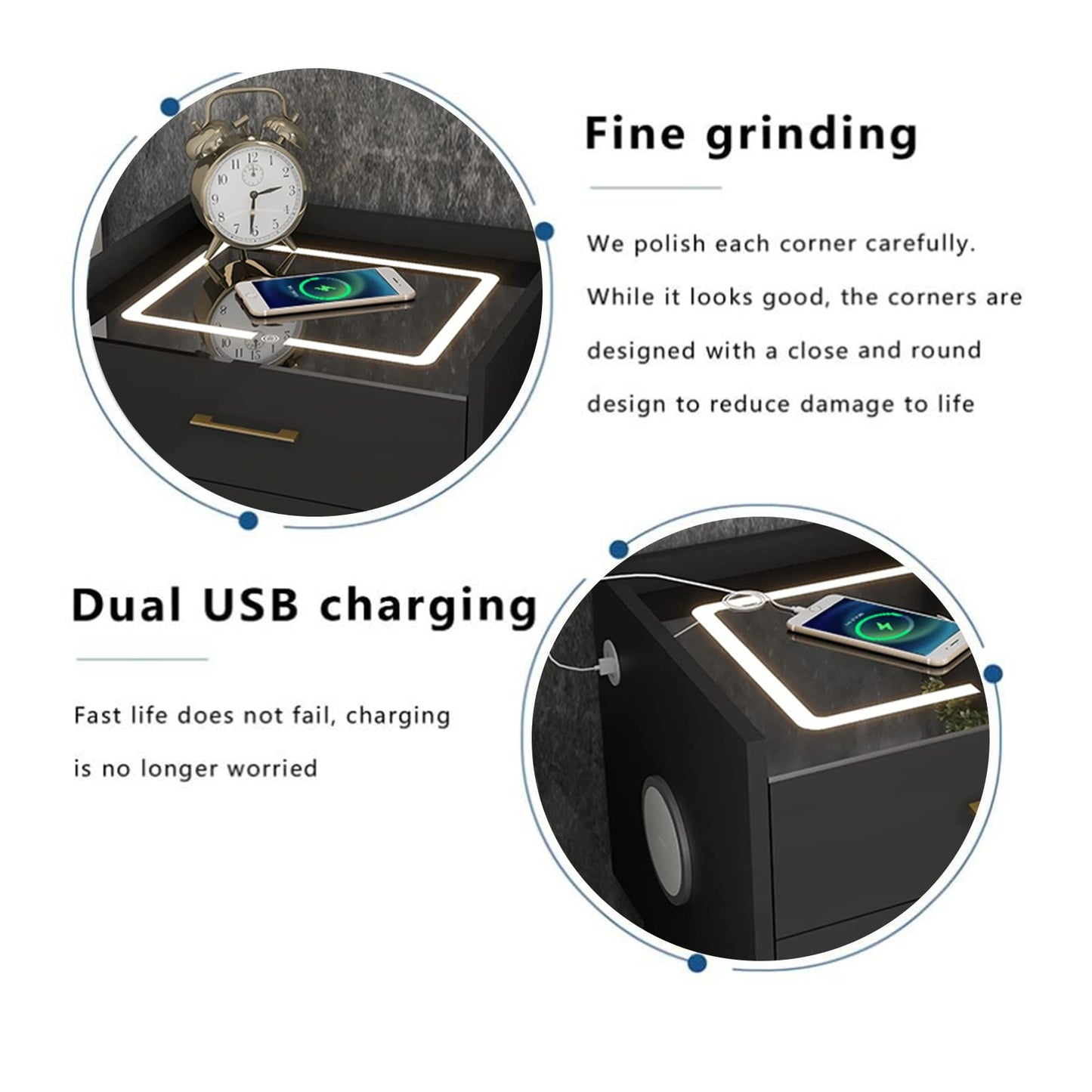 Smart LED Nightstand with 2 Drawers Charging Station Bluetooth Speaker