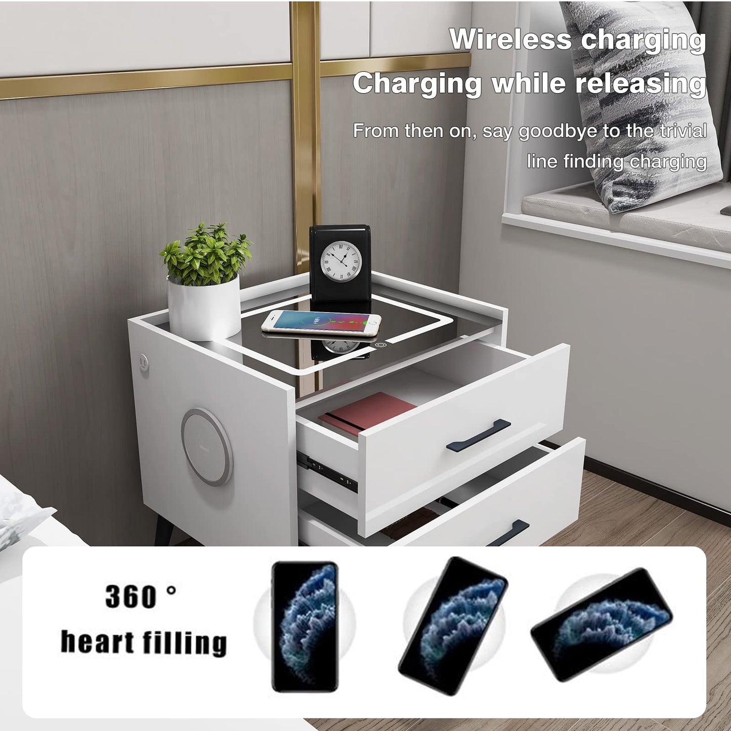 Smart LED Nightstand with 2 Drawers Charging Station Bluetooth Speaker