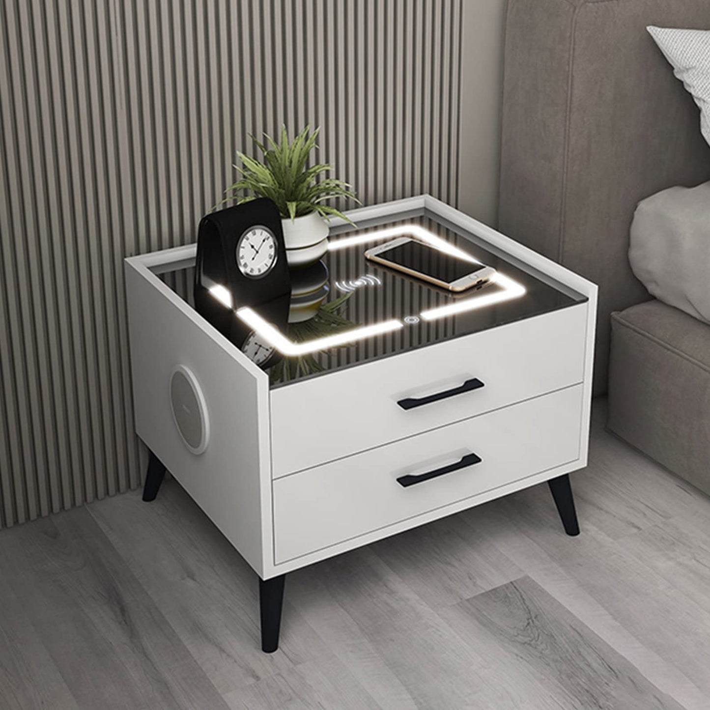 Smart LED Nightstand with 2 Drawers Charging Station Bluetooth Speaker