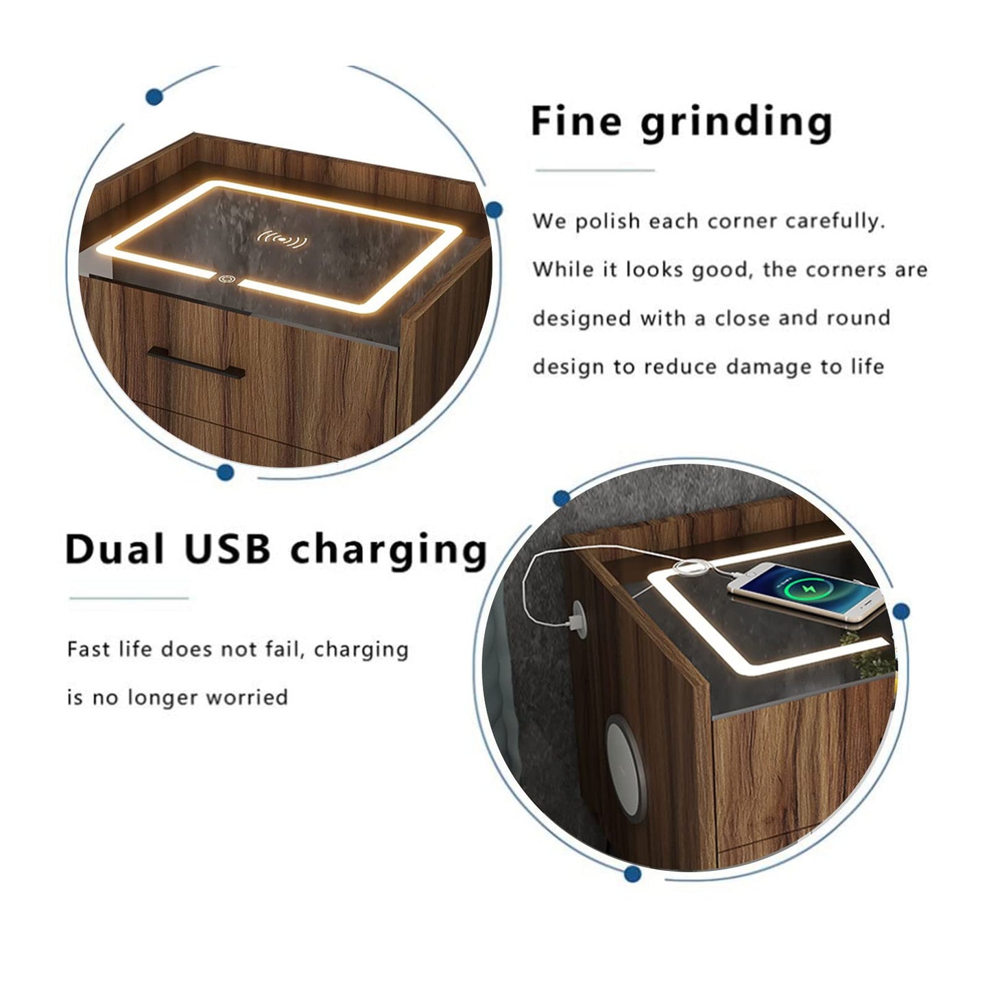 Smart LED Nightstand with 2 Drawers Charging Station Bluetooth Speaker