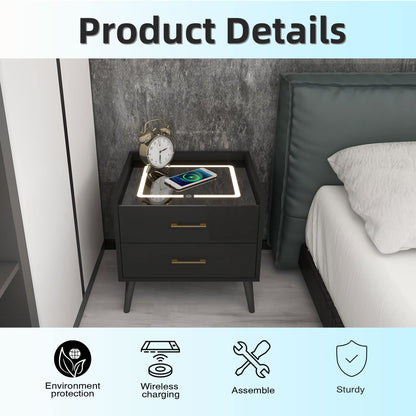 Smart LED Nightstand with 2 Drawers Charging Station Bluetooth Speaker