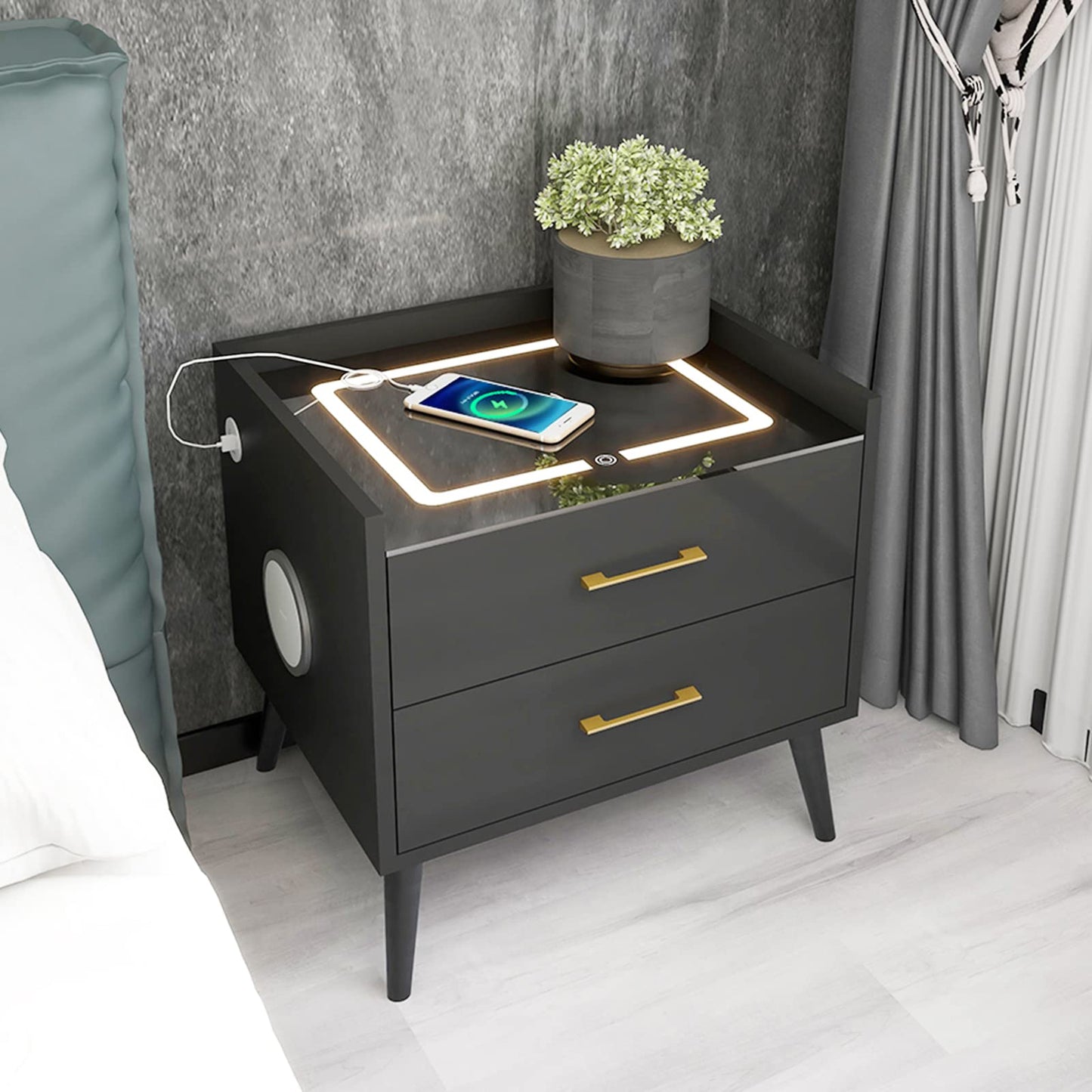 Smart LED Nightstand with 2 Drawers Charging Station Bluetooth Speaker