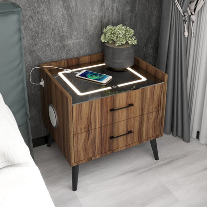 Smart LED Nightstand with 2 Drawers Charging Station Bluetooth Speaker