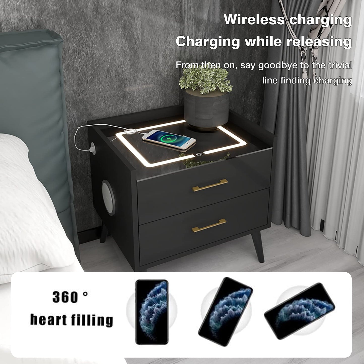 Smart LED Nightstand with 2 Drawers Charging Station Bluetooth Speaker