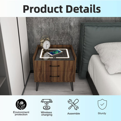 Smart LED Nightstand with 2 Drawers Charging Station Bluetooth Speaker