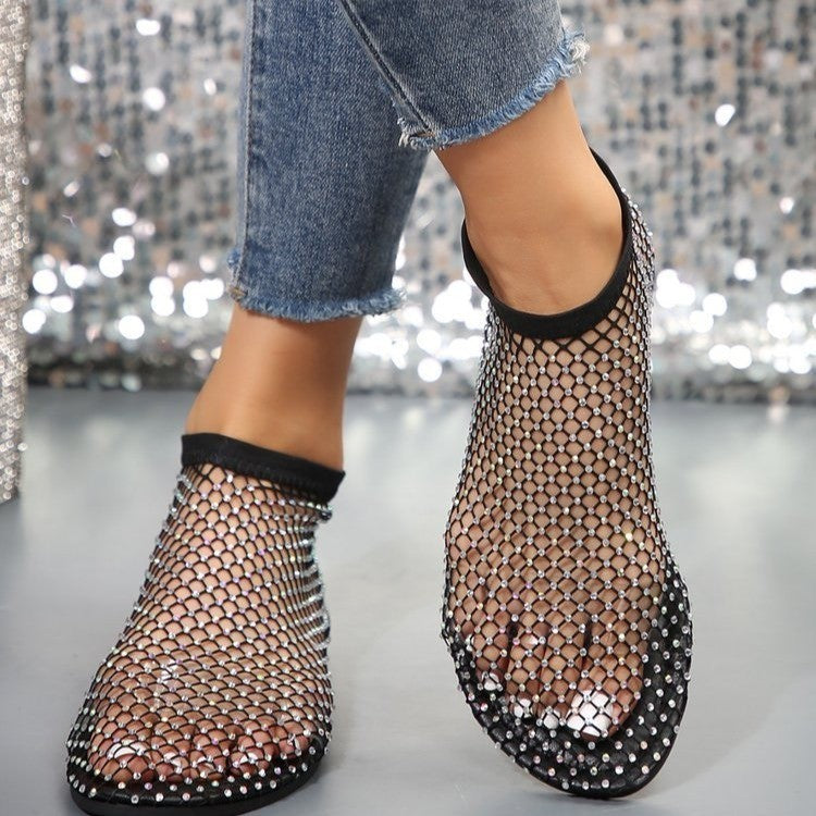 Hollow Flat Sandals With Rhinestone Design