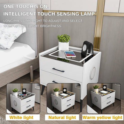 Smart LED Nightstand with 2 Drawers Charging Station Bluetooth Speaker