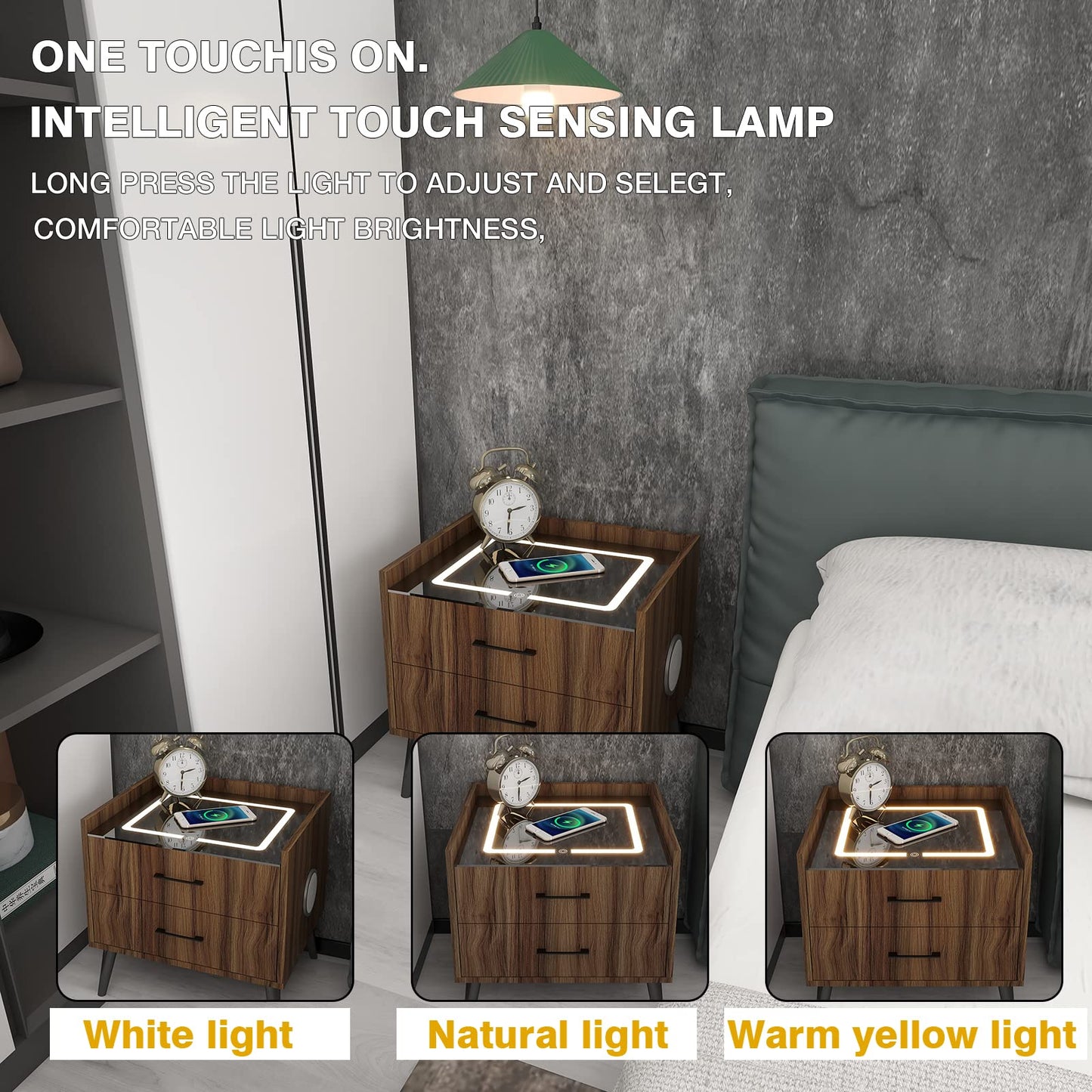 Smart LED Nightstand with 2 Drawers Charging Station Bluetooth Speaker