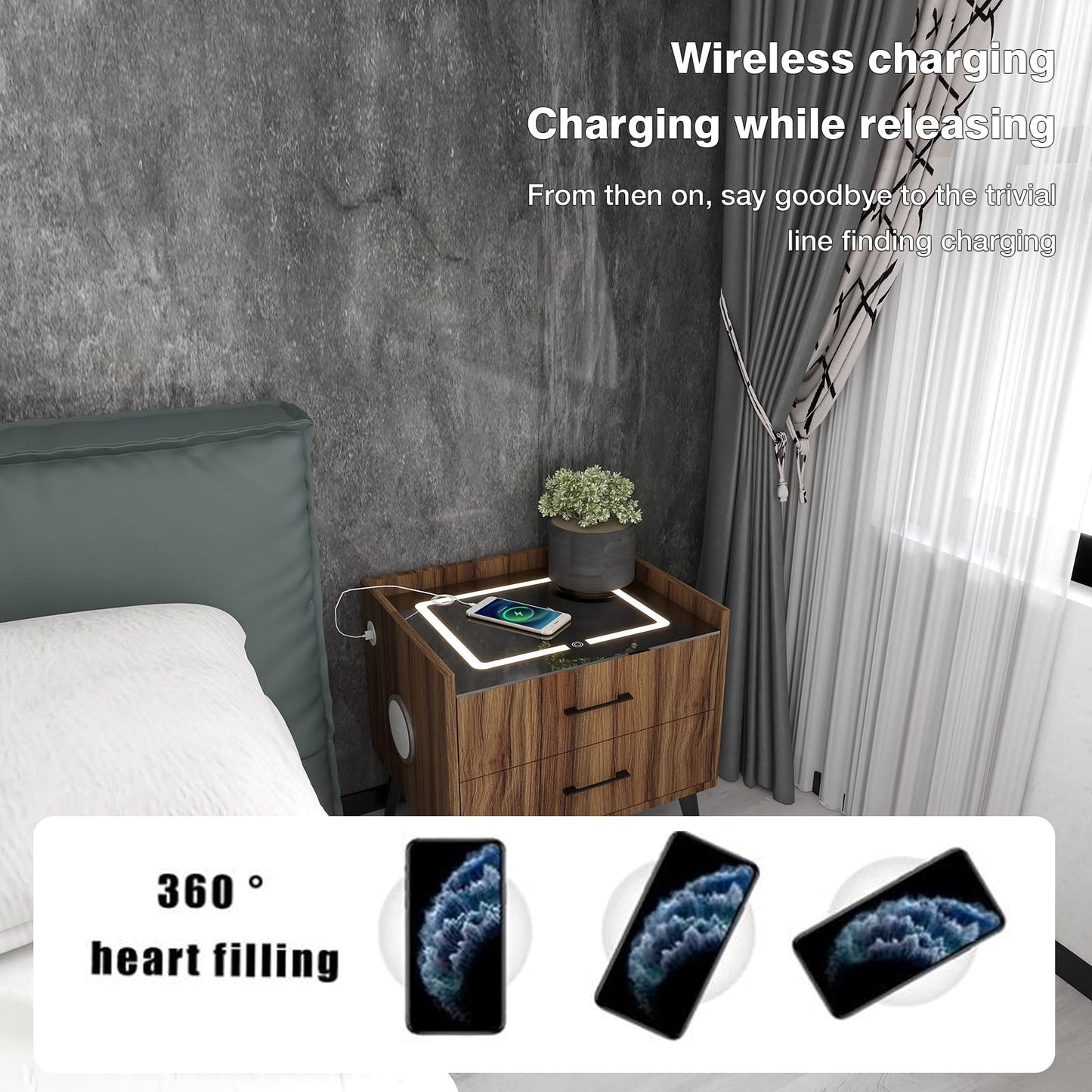 Smart LED Nightstand with 2 Drawers Charging Station Bluetooth Speaker