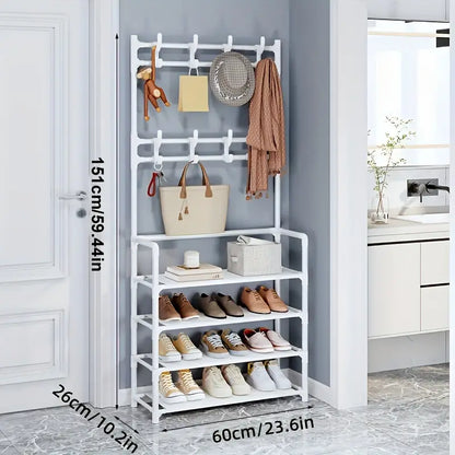 Free Standing Coat Rack  With 4-Layer Of Storage Shelves