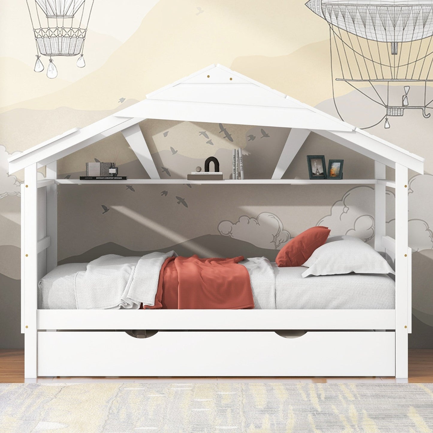 Twin Size Wood House Bed with Trundle and Storage