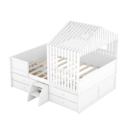 Full Size House Low Loft Bed with Four Drawers