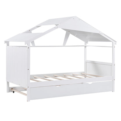 Twin Size Wood House Bed with Trundle and Storage