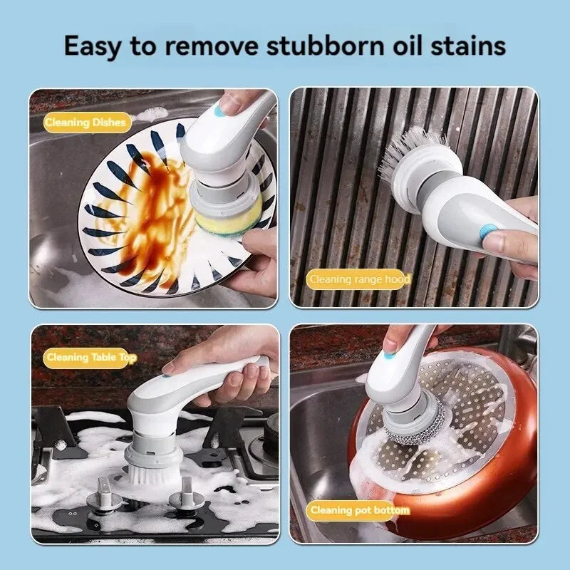 Multifunctional electric cleaning brush for bathroom, windows, kitchen, and automotive cleaning tools.