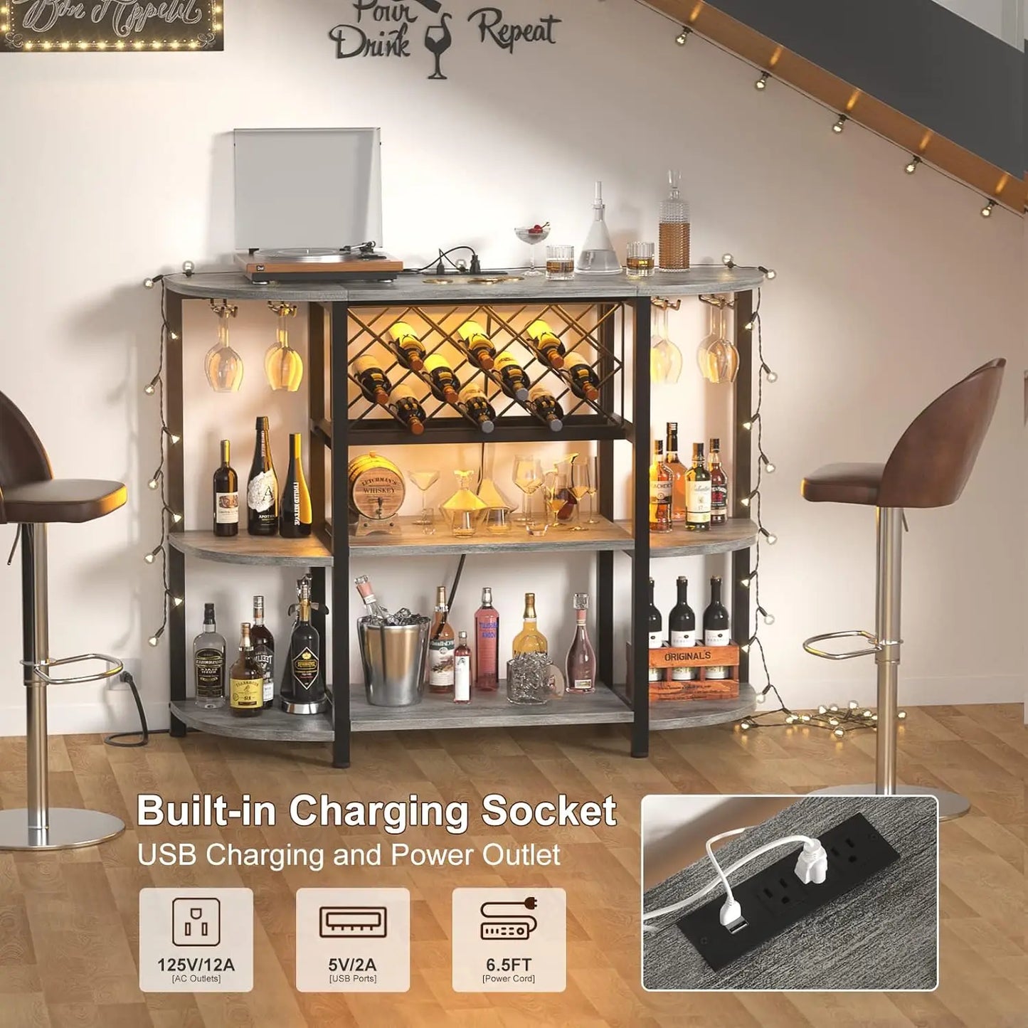 Liquor Glass Holder Wine Rack Storage with Outlet and LED Light