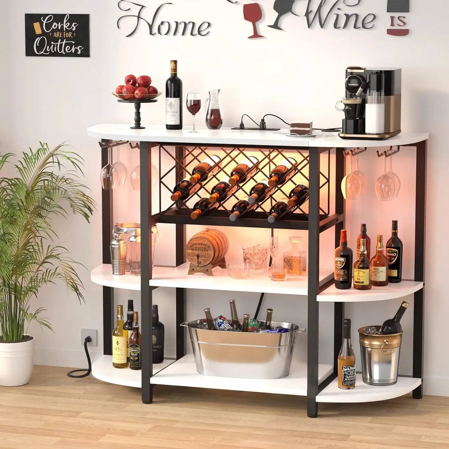 Liquor Glass Holder Wine Rack Storage with Outlet and LED Light