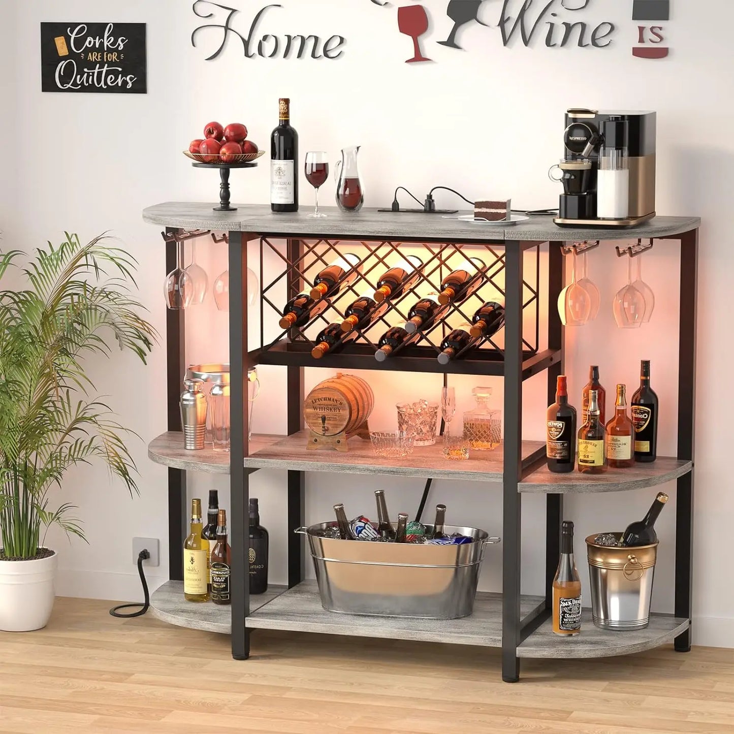 Liquor Glass Holder Wine Rack Storage with Outlet and LED Light