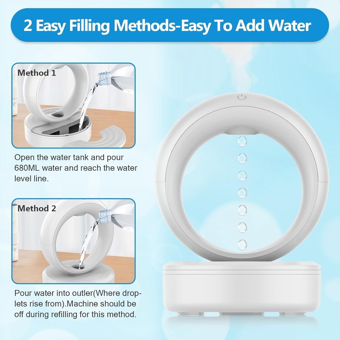 Anti-gravity Air Humidifier - 680ML Water Drop Aroma Diffuser Essential Oil