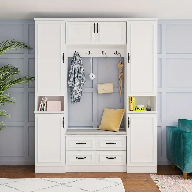 Bedroom Free-Standing Floor Cabinet with 4 Hooks 4 Drawers and 6 Doors