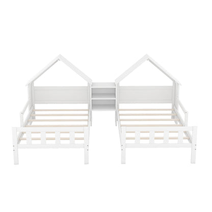 Double Twin Size Platform Bed with House - shaped Headboard and Built - in Nightstand - Gear Elevation