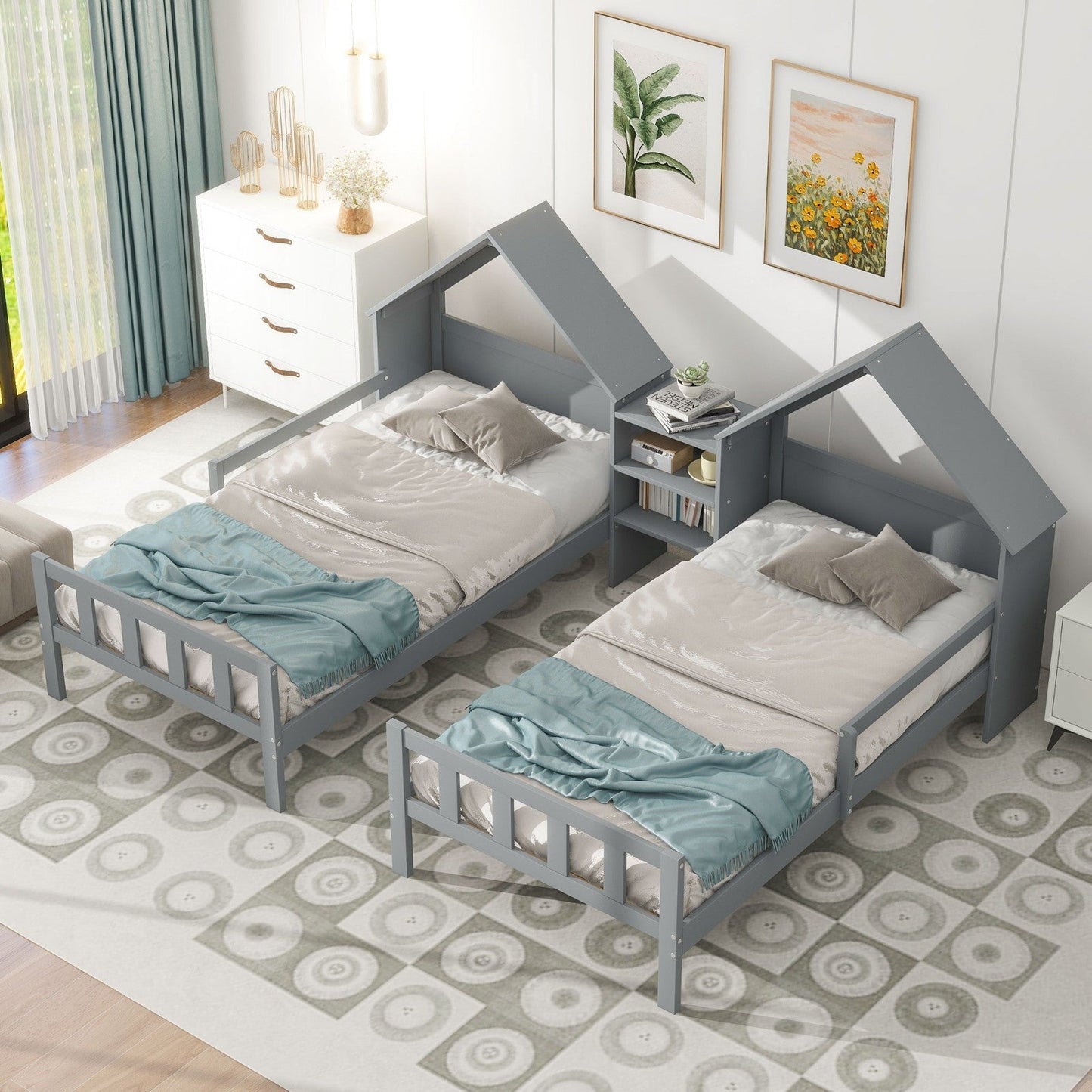 Double Twin Size Platform Bed with House-shaped Headboard and Built-in Nightstand