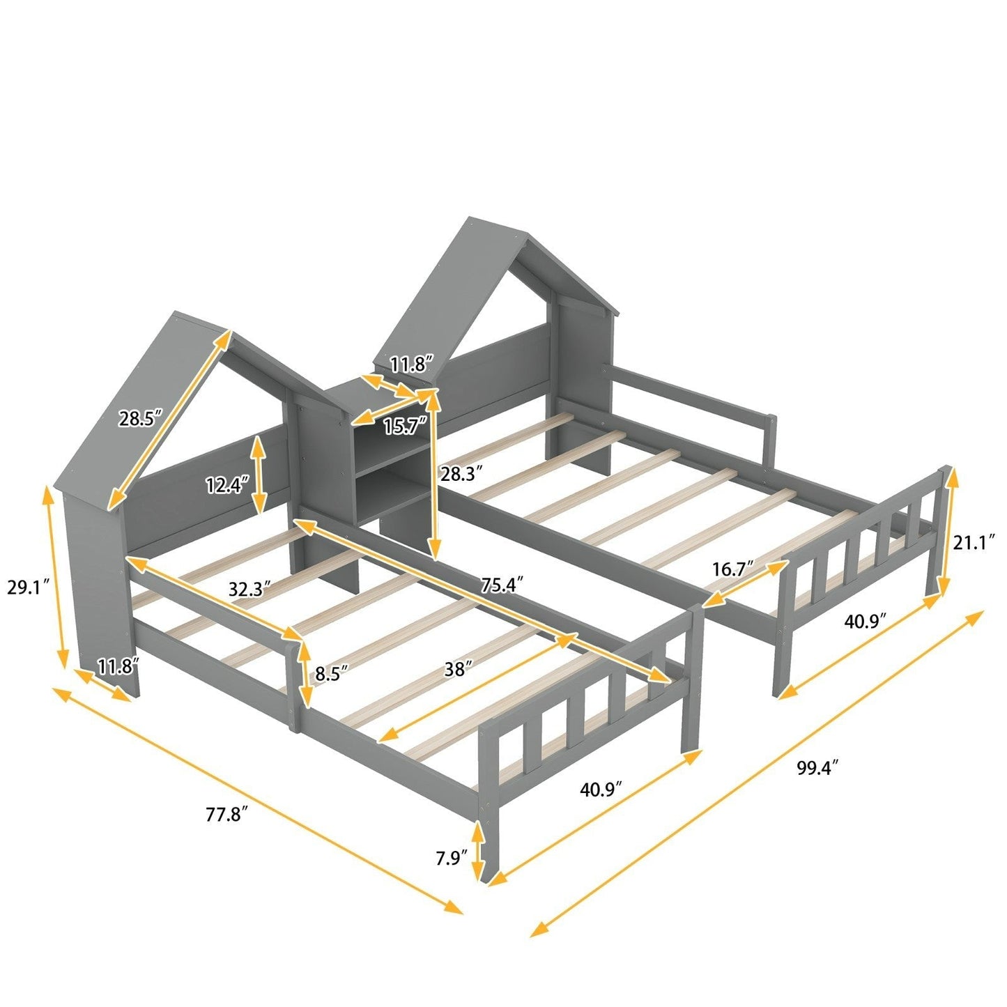 Double Twin Size Platform Bed with House-shaped Headboard and Built-in Nightstand