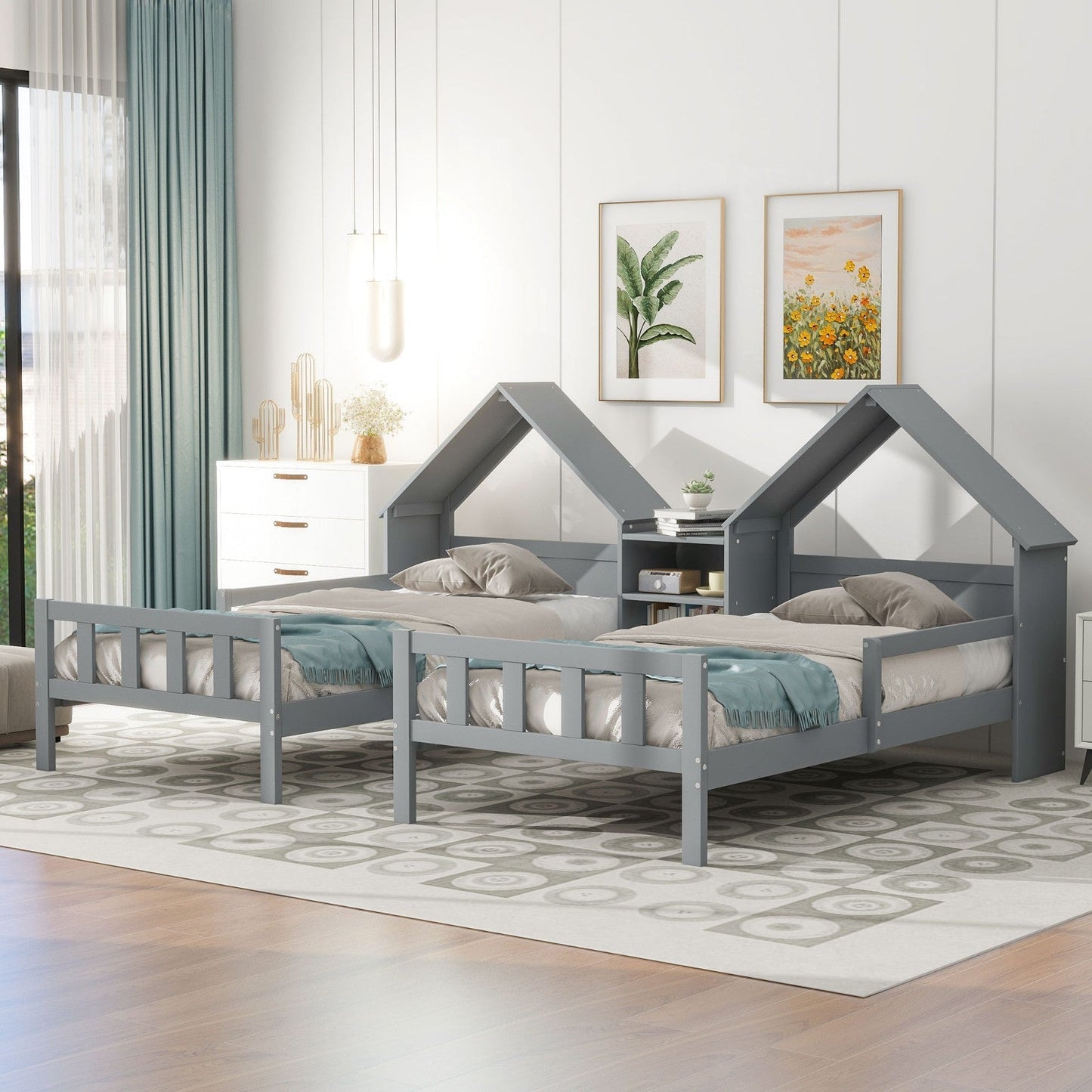 Double Twin Size Platform Bed with House-shaped Headboard and Built-in Nightstand