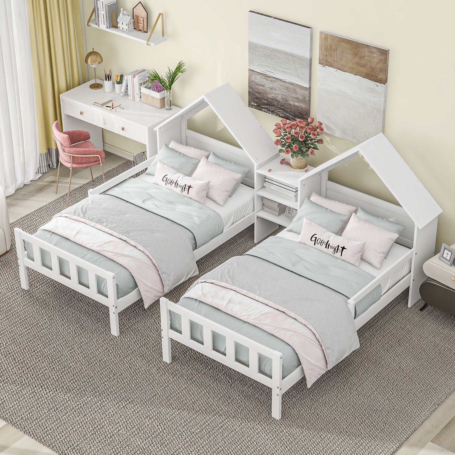 Double Twin Size Platform Bed with House-shaped Headboard and Built-in Nightstand