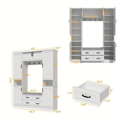 Bedroom Free-Standing Floor Cabinet with 4 Hooks 4 Drawers and 6 Doors