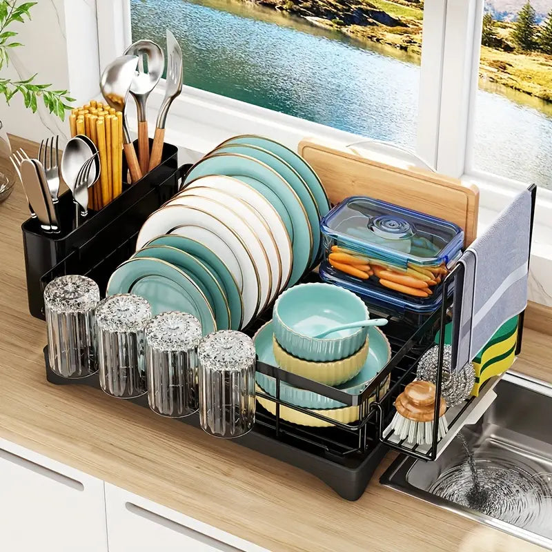 Countertop Layer Dish Drying Rack With Drain Tray And Utensil Holders