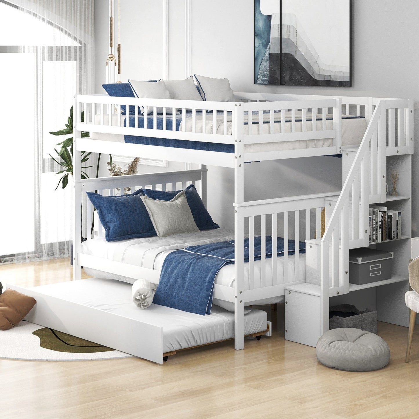 Full-Over-Full Bunk Bed with Trundle and Staircase