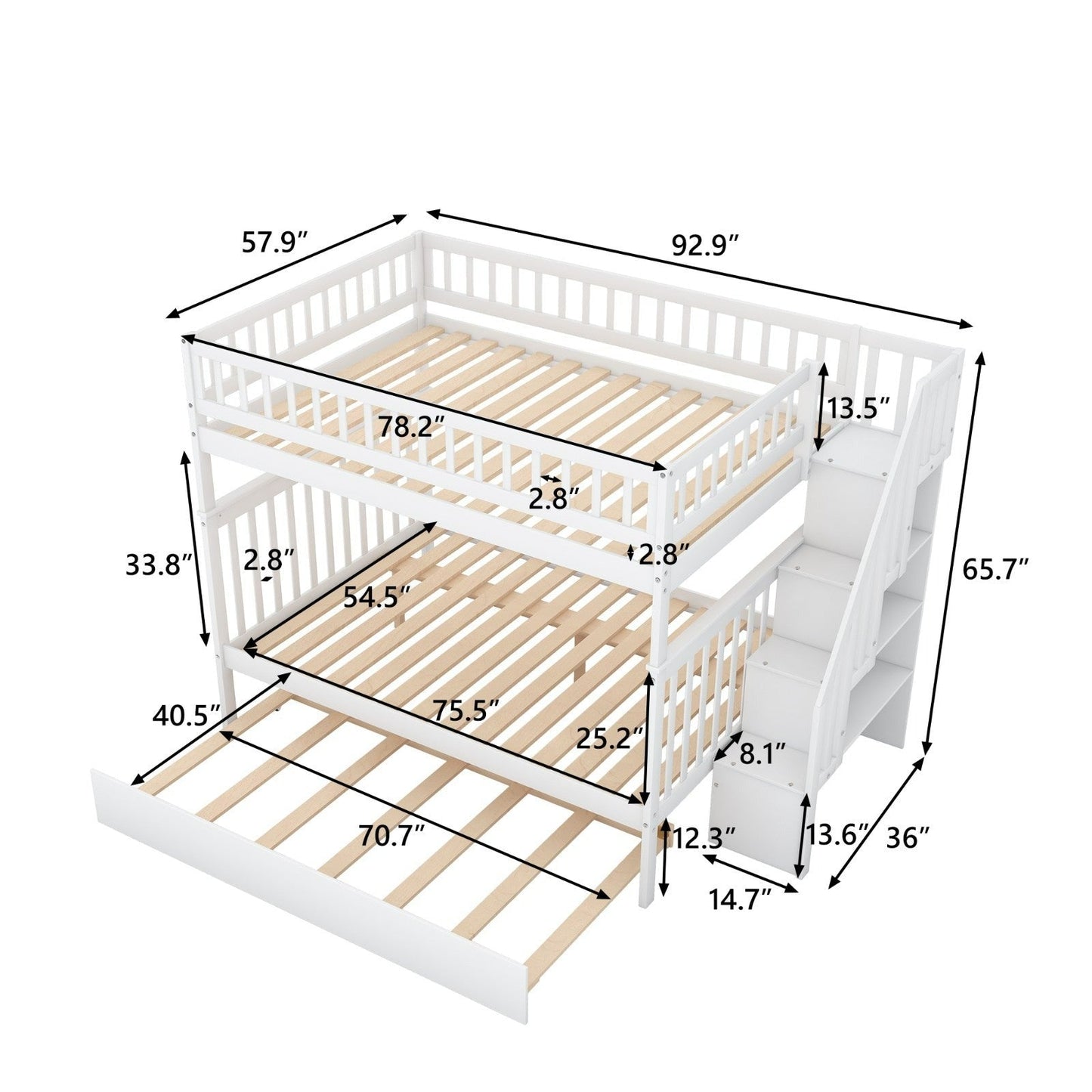 Full-Over-Full Bunk Bed with Trundle and Staircase