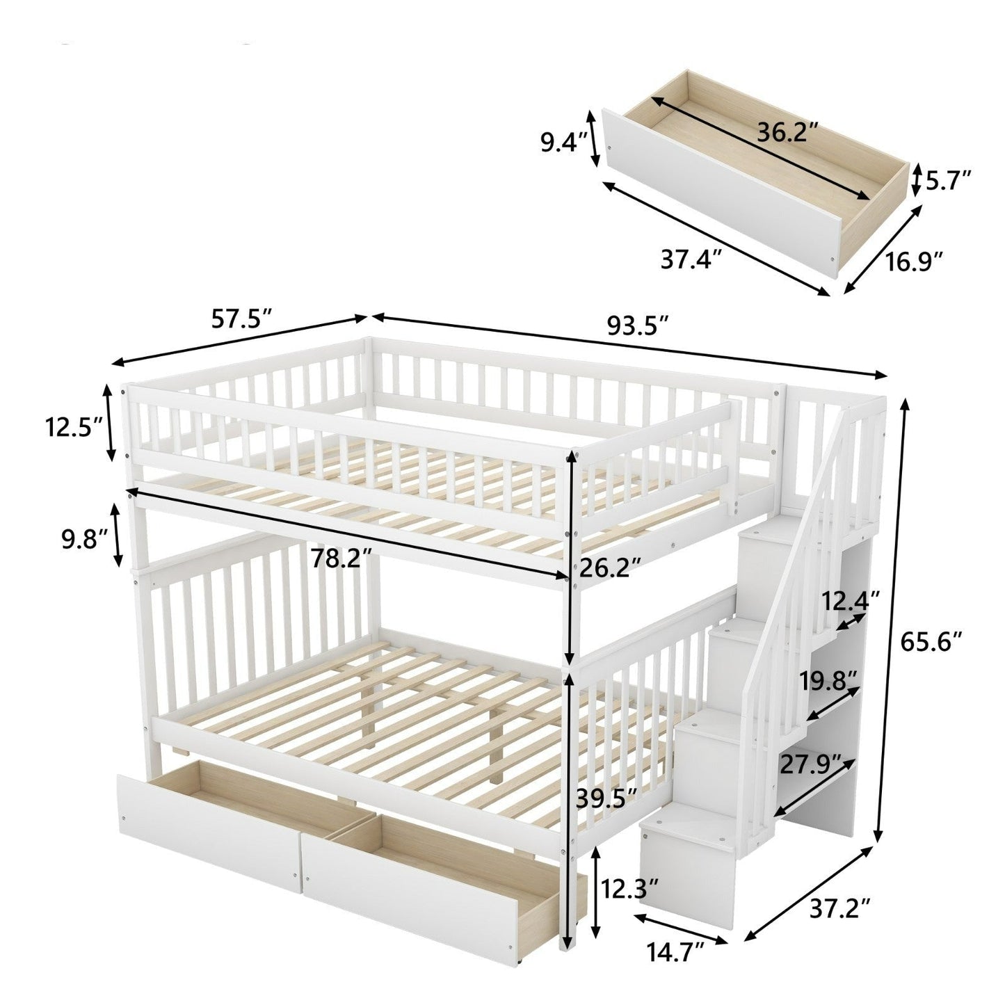 Full-over-Full Bunk Bed with Two Drawers and Storage